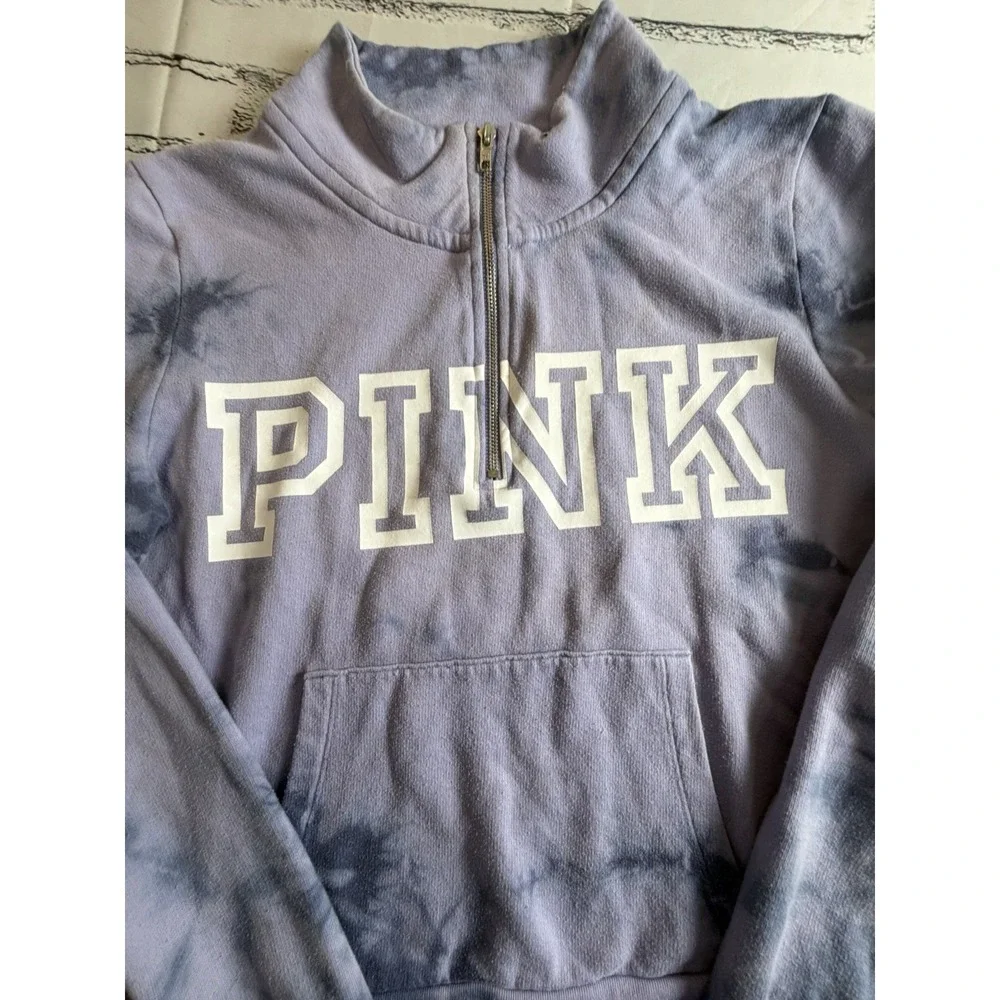 Victoria's Secret PINK Quarter Zip Pullover Sweatshirt Purple Tie Dye Large
